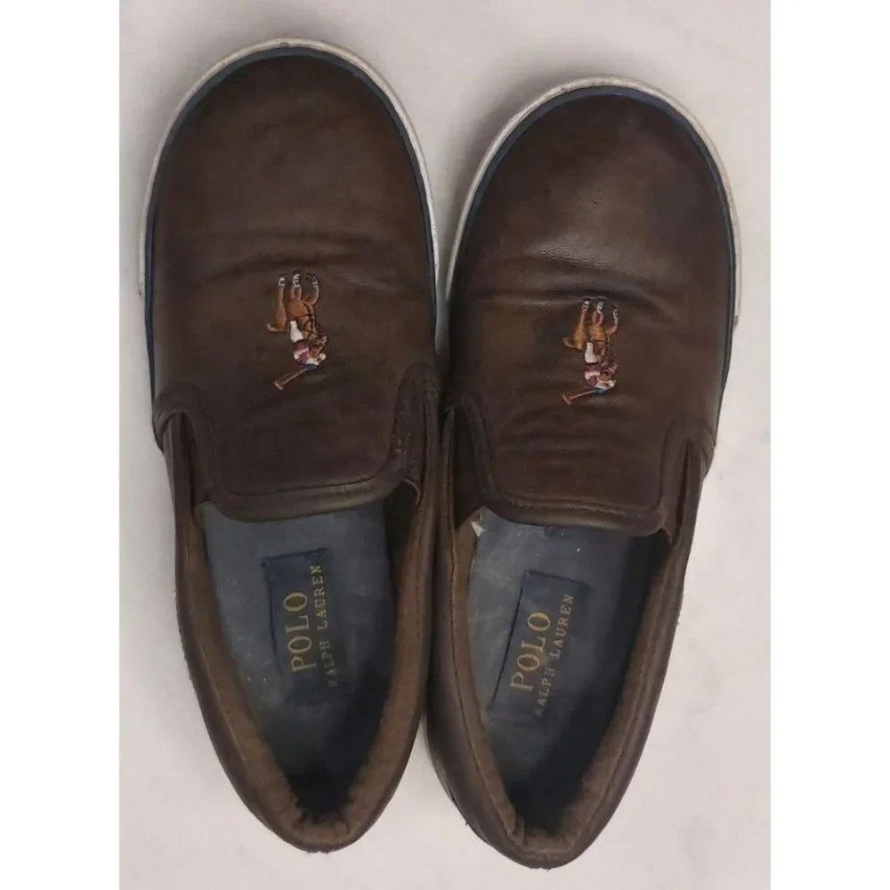 Kids Youth Boys Polo Ralph Lauren Slip On Shoes Sneakers Brown Leather‎ Pony 1